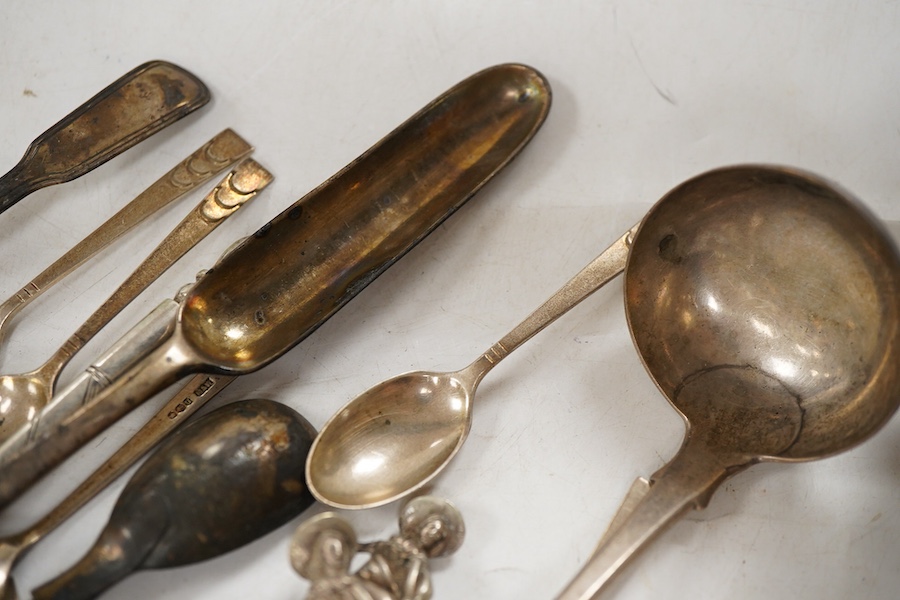Sundry silver, consisting of - a pair of George V sauce boats, S. Blanckensee & Sons Ltd, Birmingham, 1936, a George III marrow scoop, Peter & Ann Bateman, London, 1793, a Victorian Scottish Kings pattern sauce ladle, te